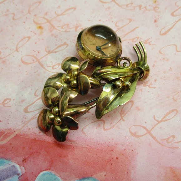 HARMAN Sterling Vermeil Mechanical Watch Brooch ~ 1930s Floral Wind Up Watch Pin - Picture 9 of 14